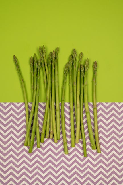 A group of fresh green asparagus spears with closed tips are arranged vertically on a surface that is divided into two sections: the upper part has a plain light green background, and the lower part features a purple and white chevron pattern. The asparagus appears to be on top of a flat surface, potentially within a property where packing materials or preparation for moving might be taking place. This image illustrates the careful handling or packaging of delicate produce, which could be part of home relocation or packing and moving activities undertaken by services like Ealing Man and Van. The overall setting is well-lit, emphasizing the vibrant color and fresh appearance of the asparagus, with some parts of the spears overlapping slightly. The arrangement suggests an emphasis on organization and careful packing, typical in furniture transport or property moving contexts.